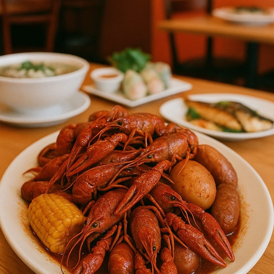 A plate of boiled crawfish, corn, potatoes, and sausage, with other Vietnamese dishes in the background.