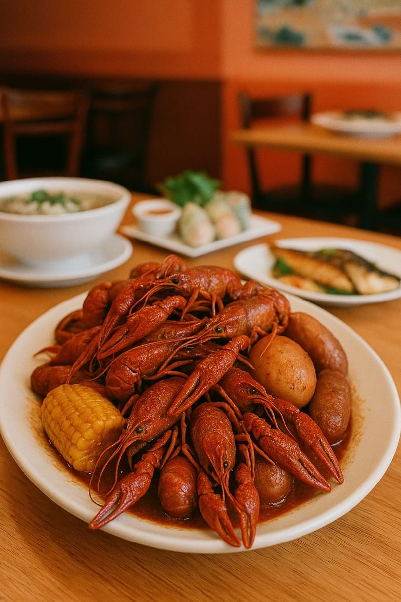 A plate of boiled crawfish, corn, potatoes, and sausage, with other Vietnamese dishes in the background.