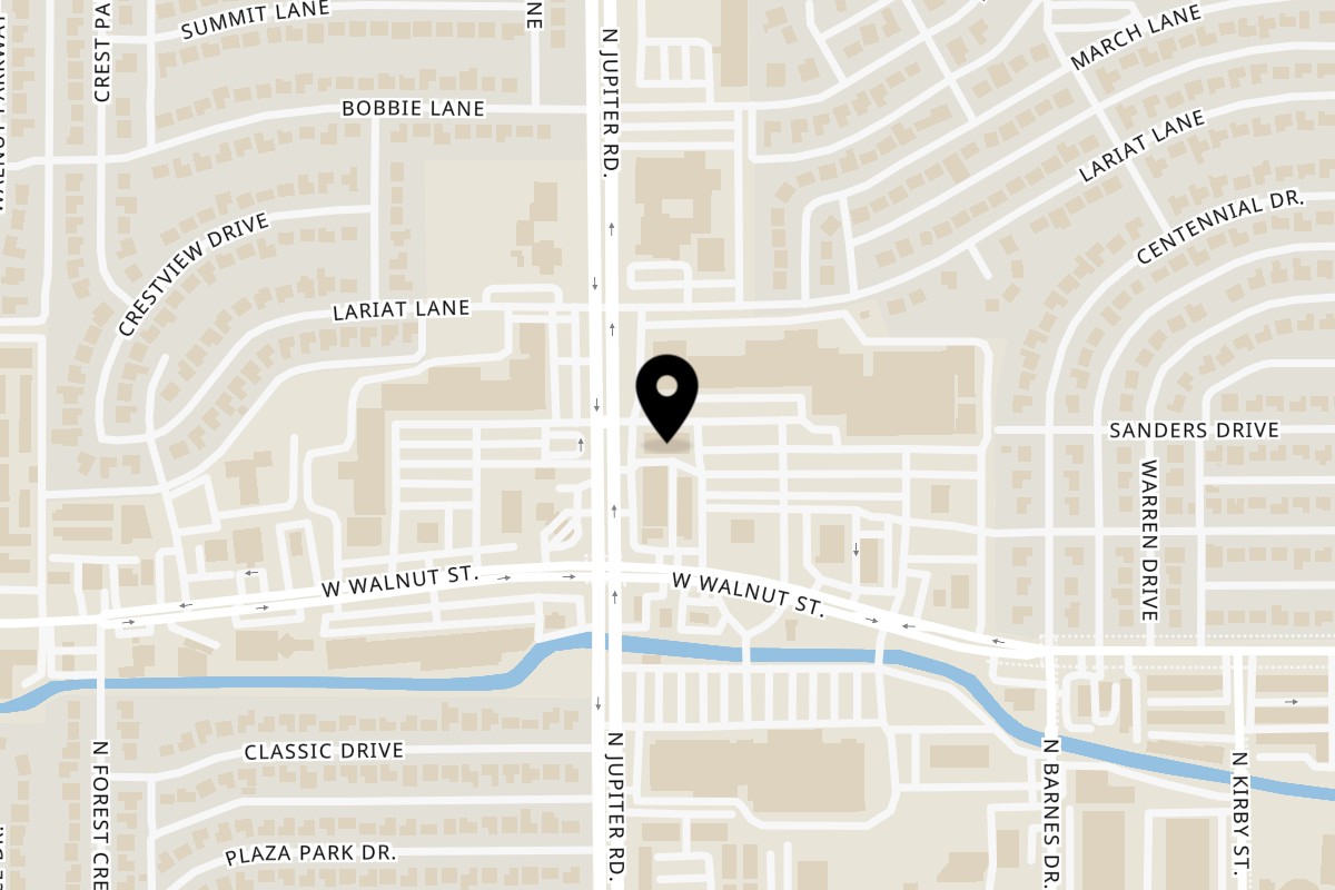 Map showing the location of Crab City (DUPE) on 618 N Jupiter Rd in Garland